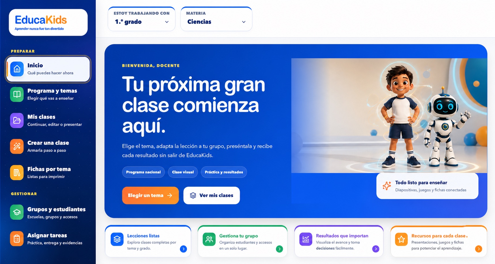 Panel docente real de EducaKids con navegación, selección de grado y materia, accesos para preparar una clase y métricas del grupo